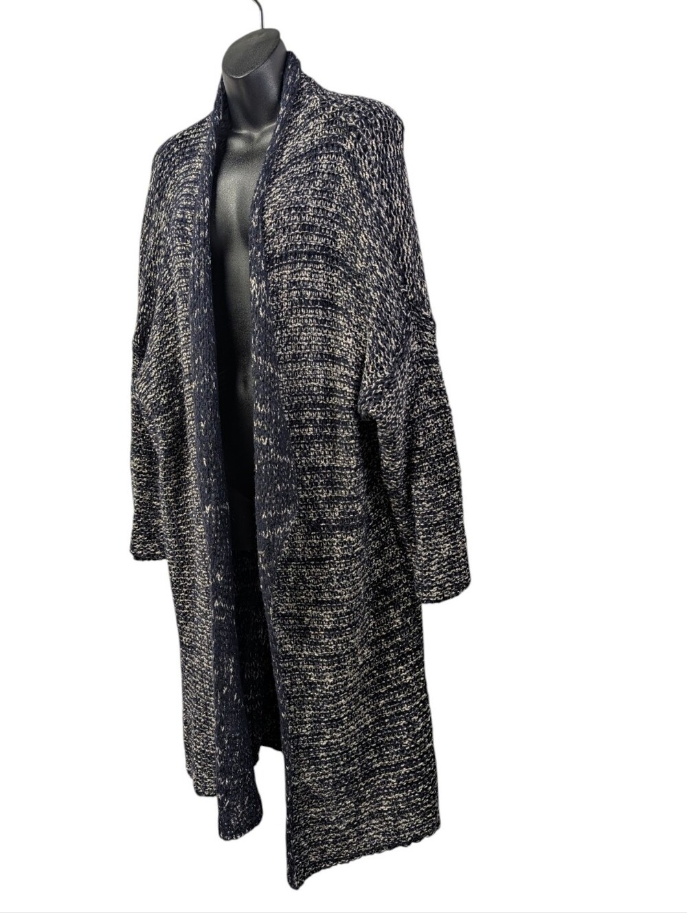 Italian Made Navy Silver Wool Blend Long Open Front Knit Cardigan Duster Sz 1 - Picture 3 of 7